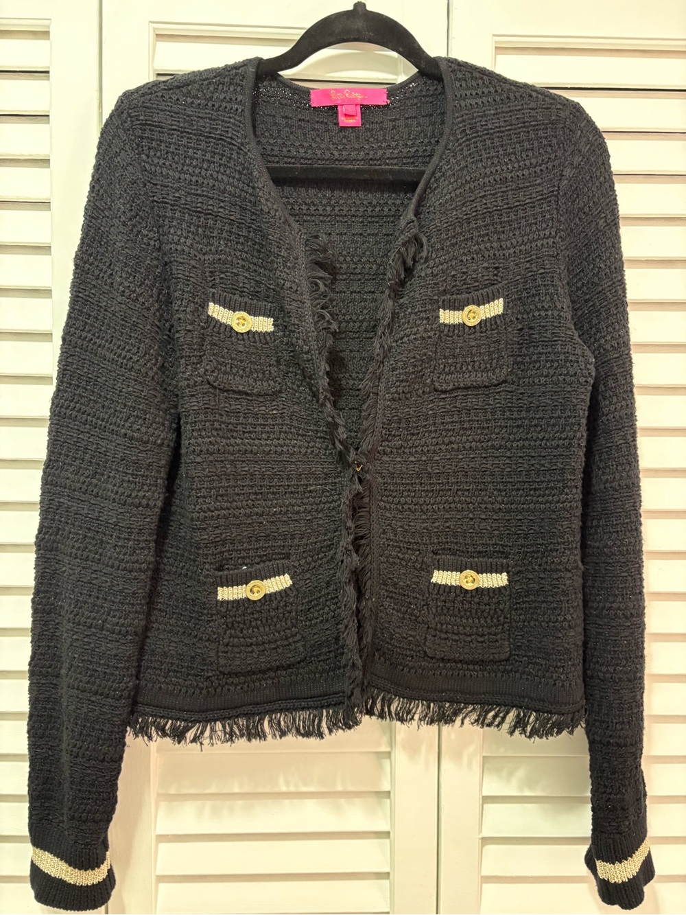 Lilly Pulitzer Black Fringe Tweed-Style Cardigan with Cream Trim